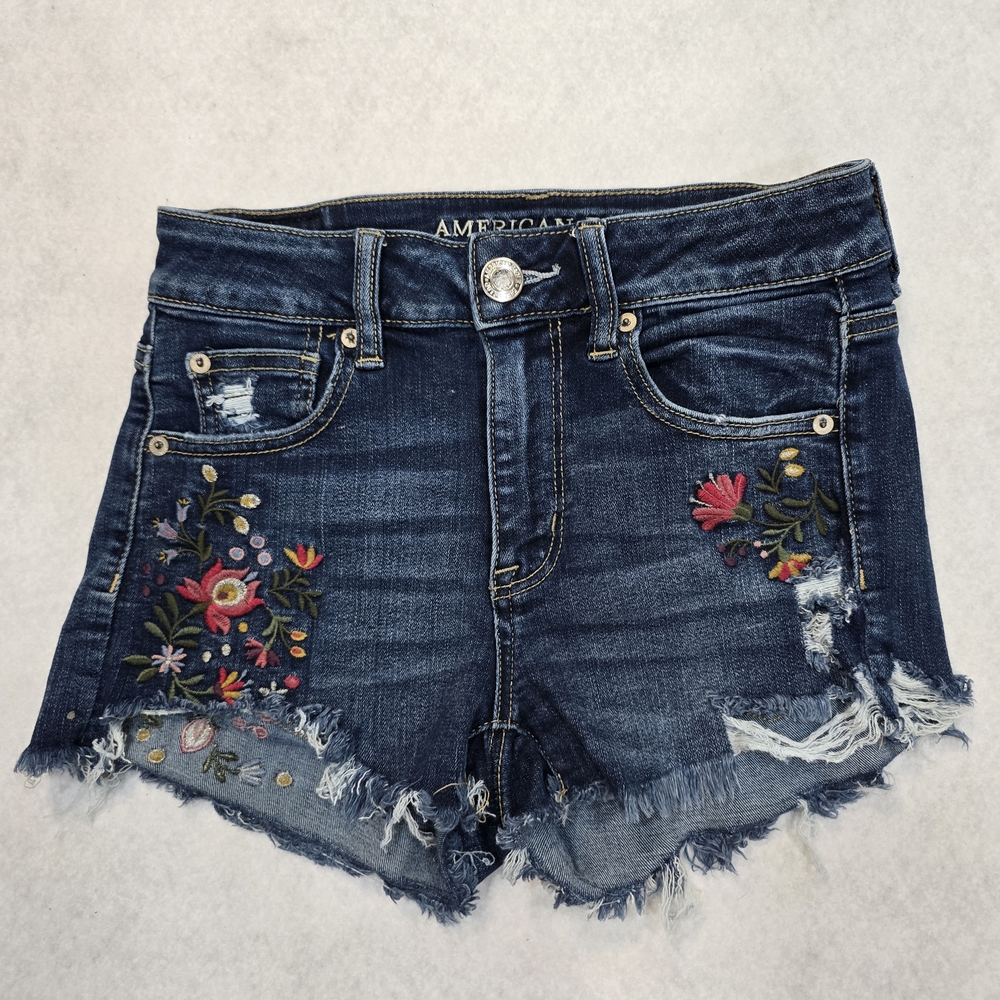 American Eagle Floral Embroidered Denim Shorts Dark Wash Distressed Cutoff Sz 4